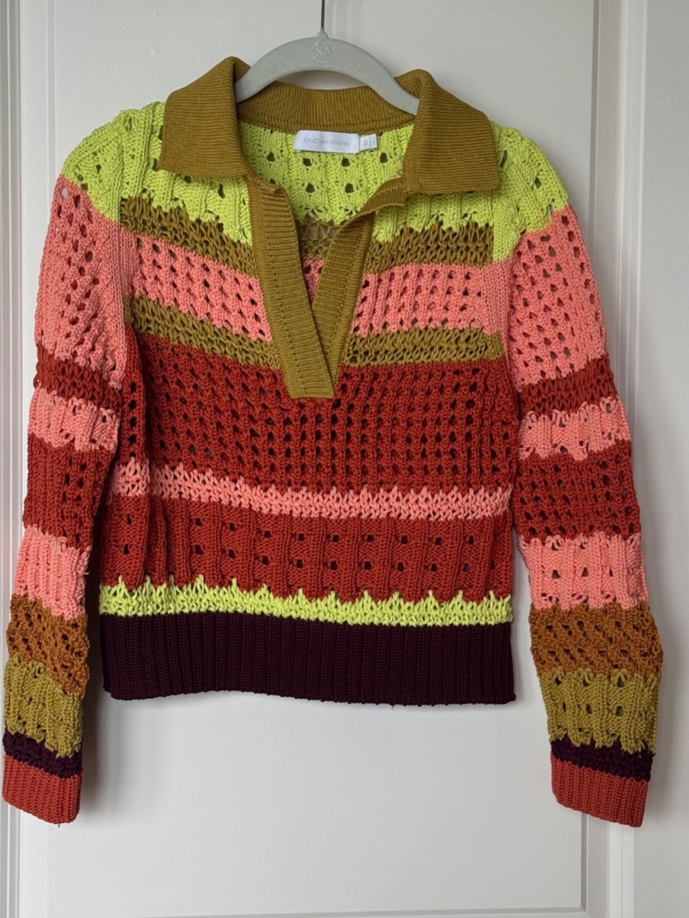Jonathan Simkhai Multicolored Otis‎ Graphic Crochet Polo Cropped Sweater, XS